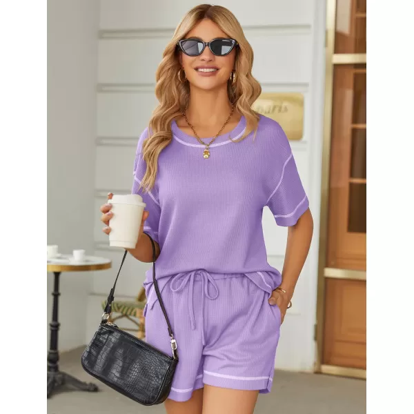 Ekouaer Pajama Sets for Women 2 Piece Waffle Knit Lounge Set Two Piece Loungewear Matching Outfits Set With PocketsLilac