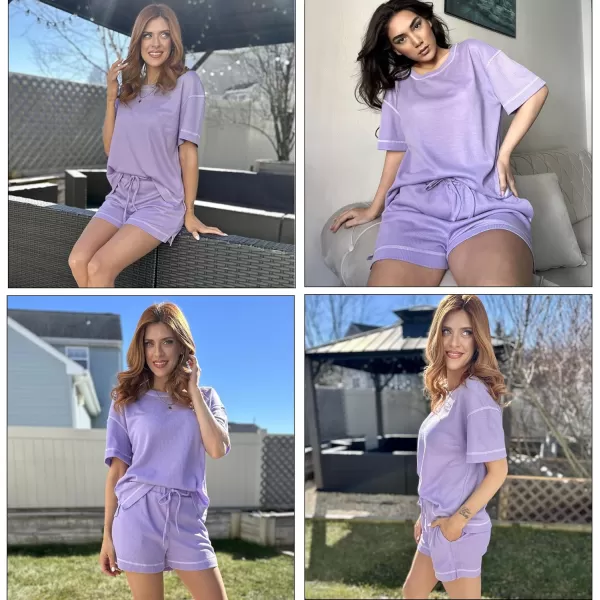 Ekouaer Pajama Sets for Women 2 Piece Waffle Knit Lounge Set Two Piece Loungewear Matching Outfits Set With PocketsLilac