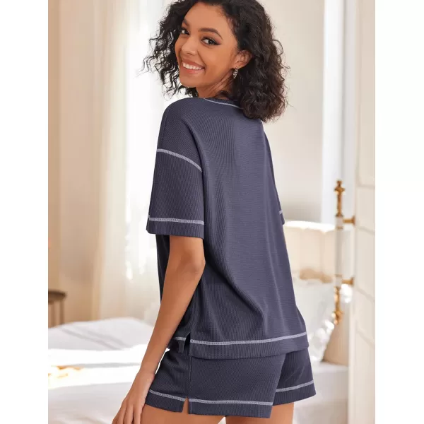 Ekouaer Pajama Sets for Women 2 Piece Waffle Knit Lounge Set Two Piece Loungewear Matching Outfits Set With PocketsNavy Blue