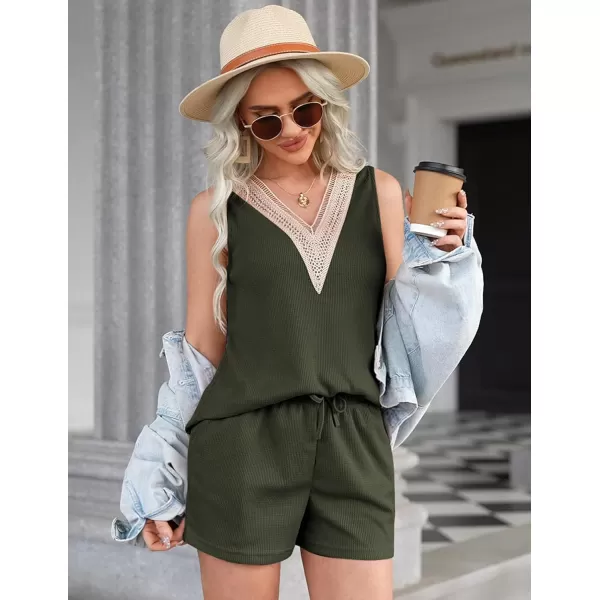 Ekouaer Pajama Sets for Women 2 piece Tank Top and Shorts Waffle Knit Pj Sets with Lace Vneck Sleepwear LoungewearArmy Green