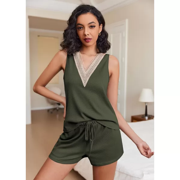 Ekouaer Pajama Sets for Women 2 piece Tank Top and Shorts Waffle Knit Pj Sets with Lace Vneck Sleepwear LoungewearArmy Green