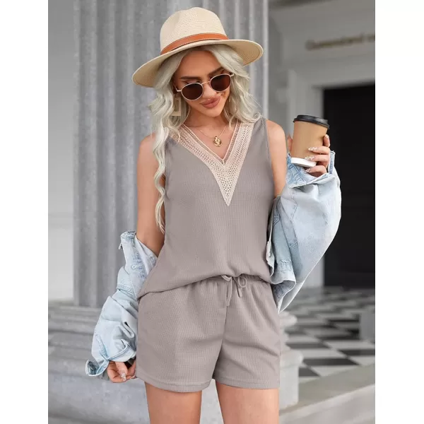 Ekouaer Pajama Sets for Women 2 piece Tank Top and Shorts Waffle Knit Pj Sets with Lace Vneck Sleepwear LoungewearGrey