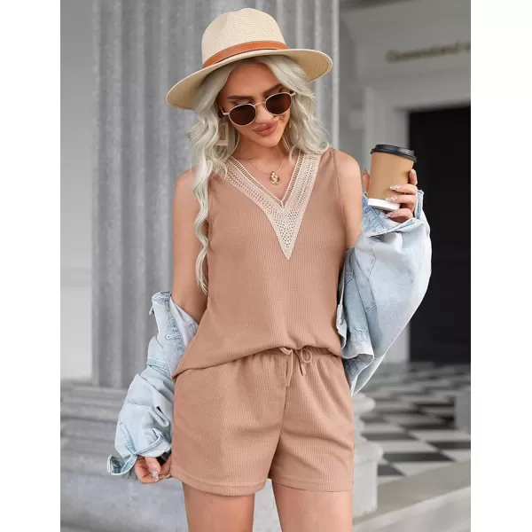 Ekouaer Pajama Sets for Women 2 piece Tank Top and Shorts Waffle Knit Pj Sets with Lace Vneck Sleepwear LoungewearKhaki