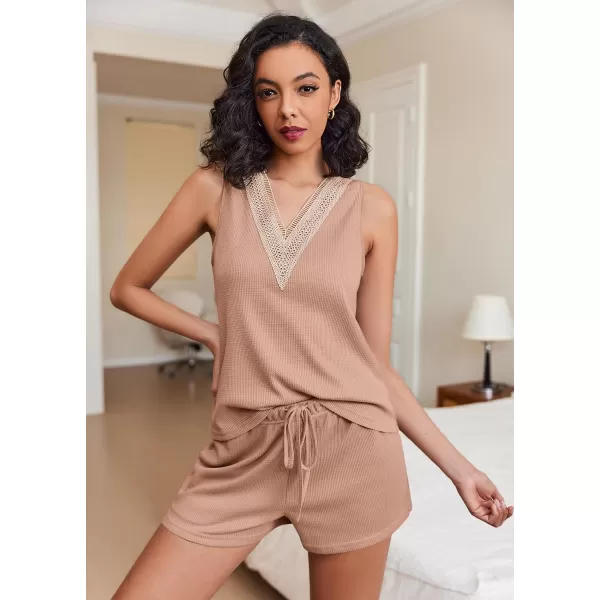 Ekouaer Pajama Sets for Women 2 piece Tank Top and Shorts Waffle Knit Pj Sets with Lace Vneck Sleepwear LoungewearKhaki