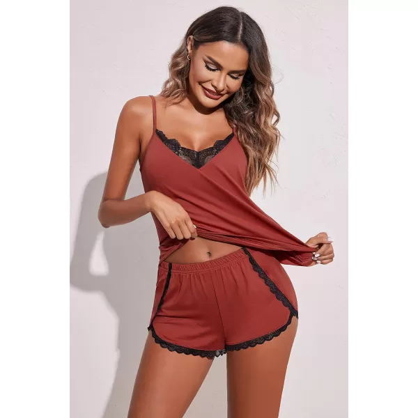 Ekouaer Pajama Sets for Women Lingerie Sleepwear 2 Piece Cami Shorts Set V Neck Pj Lace SleepwearBrick Red