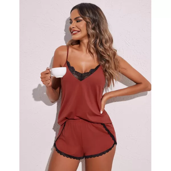 Ekouaer Pajama Sets for Women Lingerie Sleepwear 2 Piece Cami Shorts Set V Neck Pj Lace SleepwearBrick Red