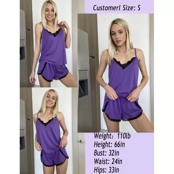 Ekouaer Pajama Sets for Women Lingerie Sleepwear 2 Piece Cami Shorts Set V Neck Pj Lace SleepwearDeep Purple