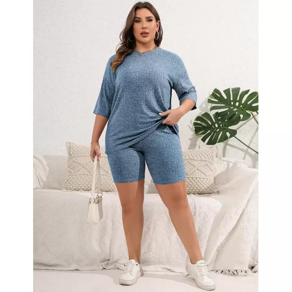 Ekouaer Pajamas 2 Piece Lounge Sets Ribbed Knit Matching Outfits Tshirt Biker Shorts Sleepwear Sweatsuits RegularPlusBlue