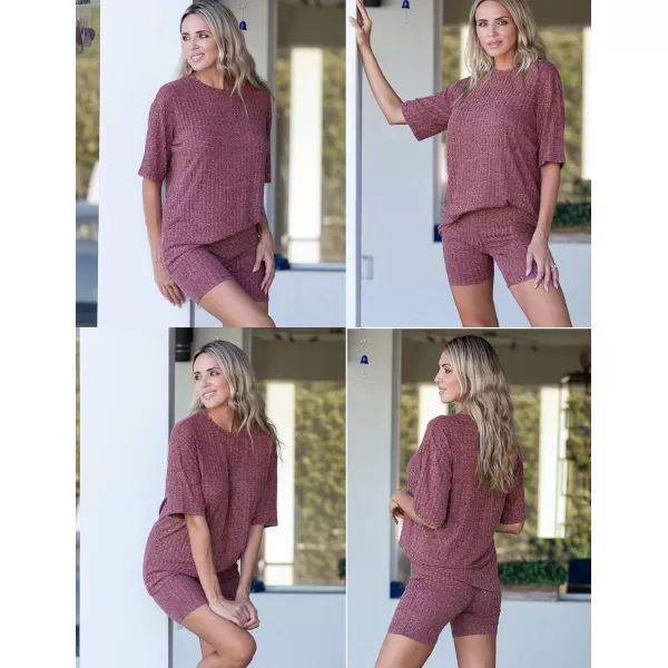 Ekouaer Pajamas 2 Piece Lounge Sets Ribbed Knit Matching Outfits Tshirt Biker Shorts Sleepwear Sweatsuits RegularPlusBurgundy