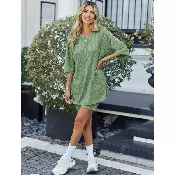 Ekouaer Pajamas 2 Piece Lounge Sets Ribbed Knit Matching Outfits Tshirt Biker Shorts Sleepwear Sweatsuits RegularPlusGreen