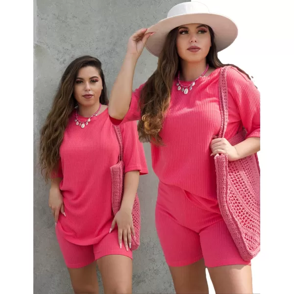 Ekouaer Pajamas 2 Piece Lounge Sets Ribbed Knit Matching Outfits Tshirt Biker Shorts Sleepwear Sweatsuits RegularPlusHot Pink