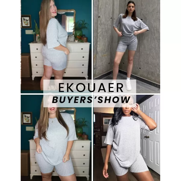 Ekouaer Pajamas 2 Piece Lounge Sets Ribbed Knit Matching Outfits Tshirt Biker Shorts Sleepwear Sweatsuits RegularPlusLight Grey