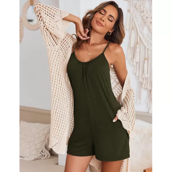 Ekouaer Pajamas Rompers Women One Piece Sleepwear Loose Tank Jumpsuits Loungewear V Neck Straps Harem PlaysuitArmy Green