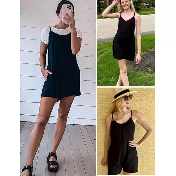 Ekouaer Pajamas Rompers Women One Piece Sleepwear Loose Tank Jumpsuits Loungewear V Neck Straps Harem PlaysuitBlack