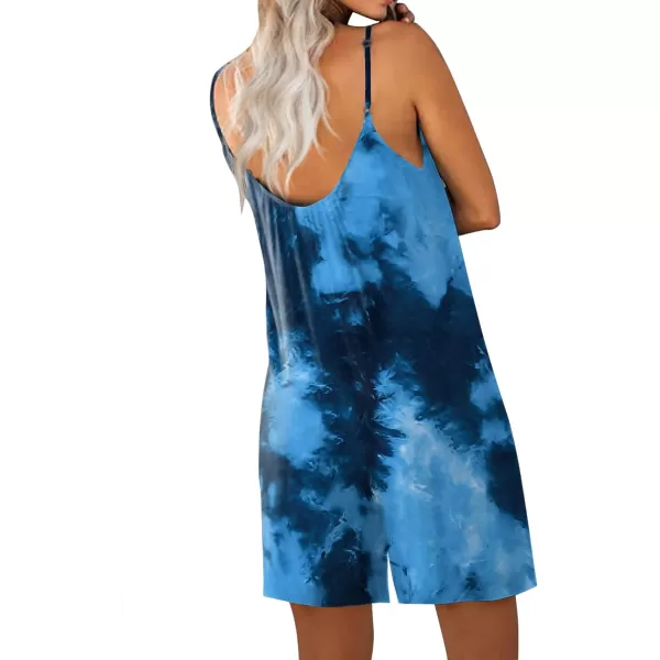 Ekouaer Pajamas Rompers Women One Piece Sleepwear Loose Tank Jumpsuits Loungewear V Neck Straps Harem PlaysuitBlue Grey Tie Dye