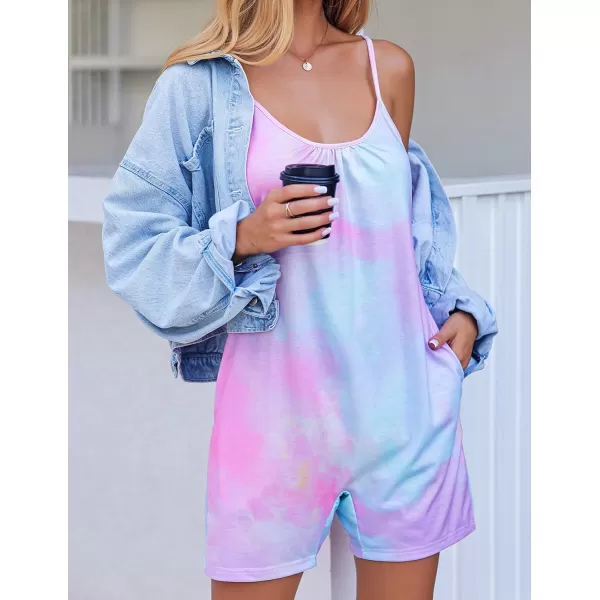 Ekouaer Pajamas Rompers Women One Piece Sleepwear Loose Tank Jumpsuits Loungewear V Neck Straps Harem PlaysuitTie Dye Pink