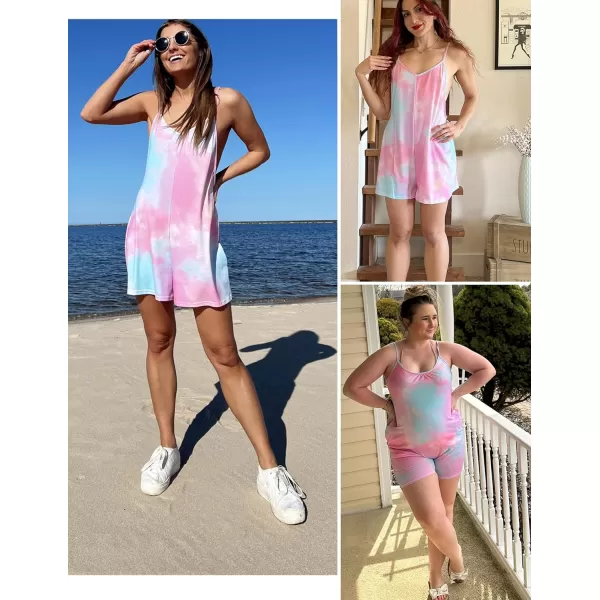 Ekouaer Pajamas Rompers Women One Piece Sleepwear Loose Tank Jumpsuits Loungewear V Neck Straps Harem PlaysuitTie Dye Pink