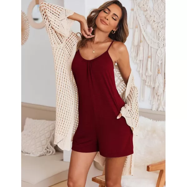 Ekouaer Pajamas Rompers Women One Piece Sleepwear Loose Tank Jumpsuits Loungewear V Neck Straps Harem PlaysuitWine Red