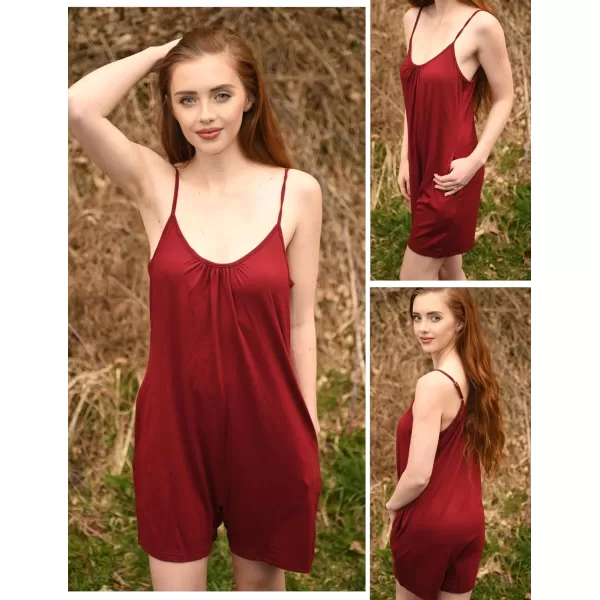 Ekouaer Pajamas Rompers Women One Piece Sleepwear Loose Tank Jumpsuits Loungewear V Neck Straps Harem PlaysuitWine Red