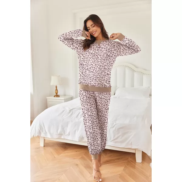 Ekouaer Pajamas Set Long Sleeve Pj Sets 2 Piece Jogger Pajama Sets Soft Sleepwear Loungewear for WomenBeige Leopard