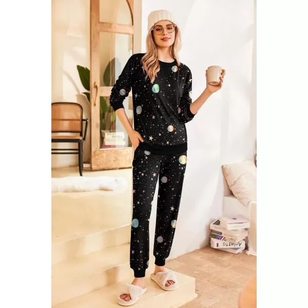 Ekouaer Pajamas Set Long Sleeve Pj Sets 2 Piece Jogger Pajama Sets Soft Sleepwear Loungewear for WomenBlack Night Sky