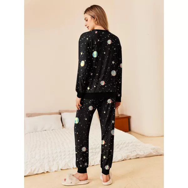 Ekouaer Pajamas Set Long Sleeve Pj Sets 2 Piece Jogger Pajama Sets Soft Sleepwear Loungewear for WomenBlack Night Sky