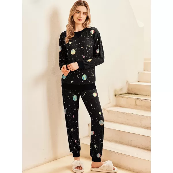 Ekouaer Pajamas Set Long Sleeve Pj Sets 2 Piece Jogger Pajama Sets Soft Sleepwear Loungewear for WomenBlack Night Sky