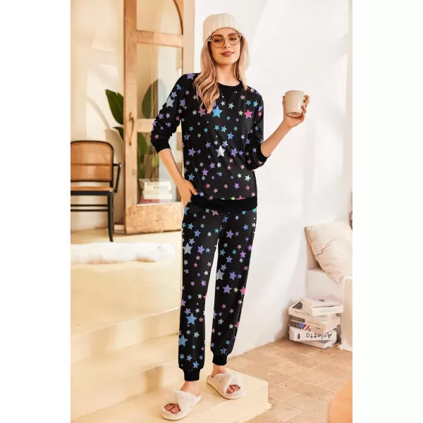 Ekouaer Pajamas Set Long Sleeve Pj Sets 2 Piece Jogger Pajama Sets Soft Sleepwear Loungewear for WomenBlack Starry