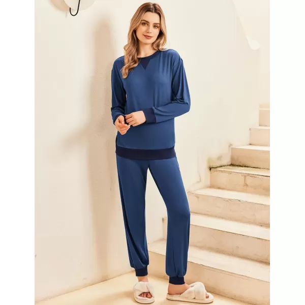 Ekouaer Pajamas Set Long Sleeve Pj Sets 2 Piece Jogger Pajama Sets Soft Sleepwear Loungewear for WomenDeep Blue