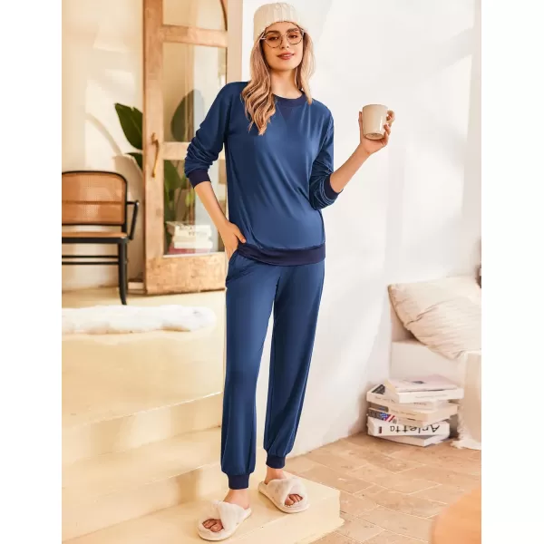 Ekouaer Pajamas Set Long Sleeve Pj Sets 2 Piece Jogger Pajama Sets Soft Sleepwear Loungewear for WomenDeep Blue