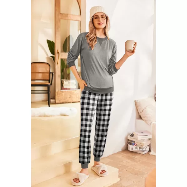 Ekouaer Pajamas Set Long Sleeve Pj Sets 2 Piece Jogger Pajama Sets Soft Sleepwear Loungewear for WomenGrey Plaid