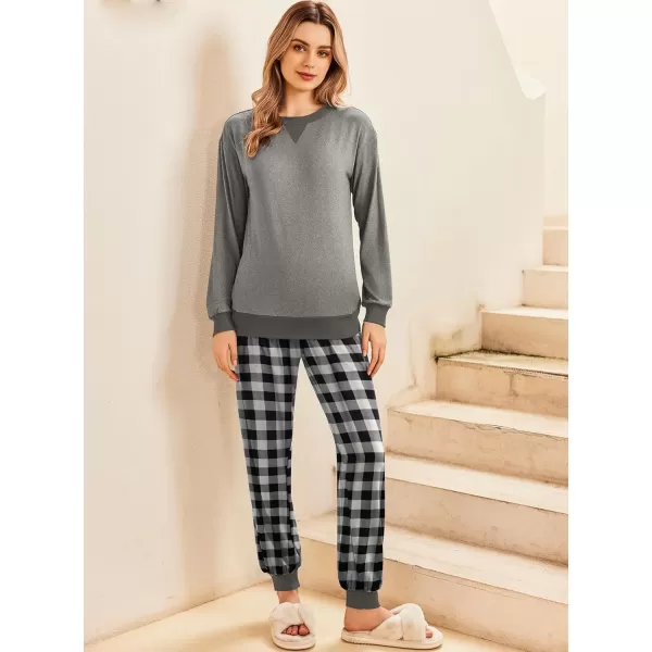 Ekouaer Pajamas Set Long Sleeve Pj Sets 2 Piece Jogger Pajama Sets Soft Sleepwear Loungewear for WomenGrey Plaid