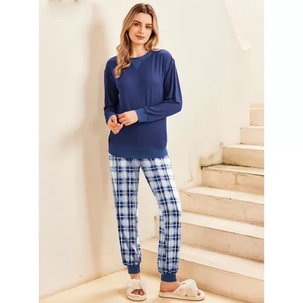 Ekouaer Pajamas Set Long Sleeve Pj Sets 2 Piece Jogger Pajama Sets Soft Sleepwear Loungewear for WomenNavy Blue Plaid