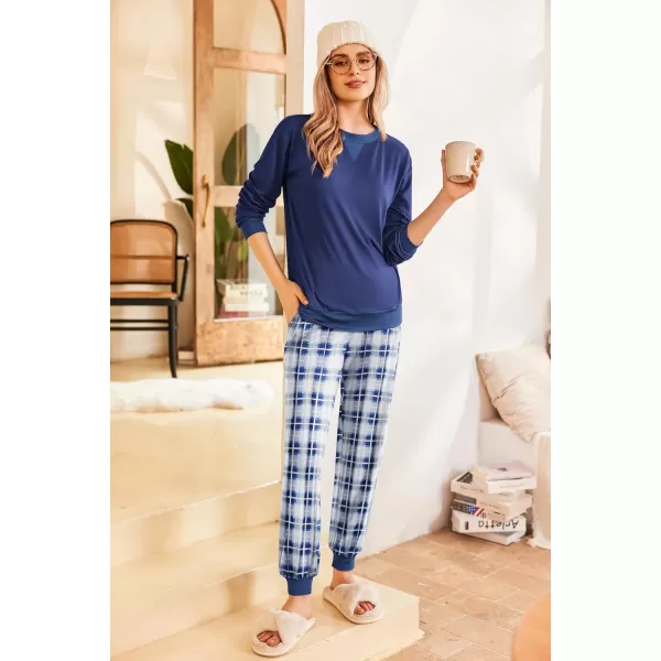 Ekouaer Pajamas Set Long Sleeve Pj Sets 2 Piece Jogger Pajama Sets Soft Sleepwear Loungewear for WomenNavy Blue Plaid