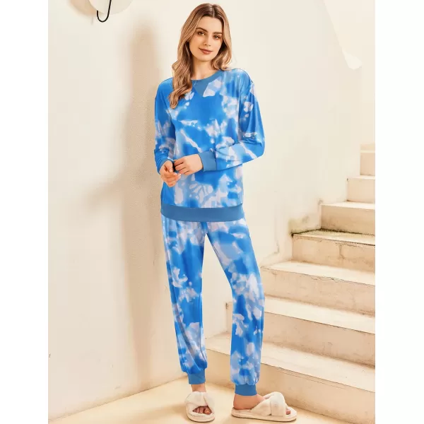 Ekouaer Pajamas Set Long Sleeve Pj Sets 2 Piece Jogger Pajama Sets Soft Sleepwear Loungewear for WomenTie Dye Blue White