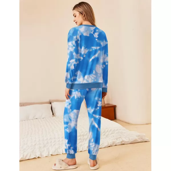 Ekouaer Pajamas Set Long Sleeve Pj Sets 2 Piece Jogger Pajama Sets Soft Sleepwear Loungewear for WomenTie Dye Blue White