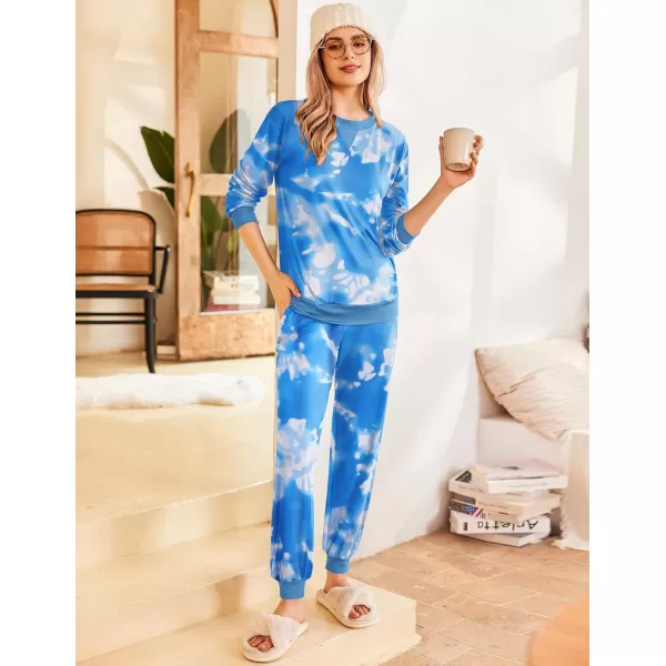 Ekouaer Pajamas Set Long Sleeve Pj Sets 2 Piece Jogger Pajama Sets Soft Sleepwear Loungewear for WomenTie Dye Blue White