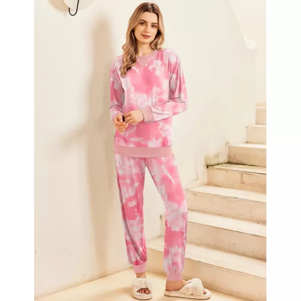 Ekouaer Pajamas Set Long Sleeve Pj Sets 2 Piece Jogger Pajama Sets Soft Sleepwear Loungewear for WomenTie Dye Pink White