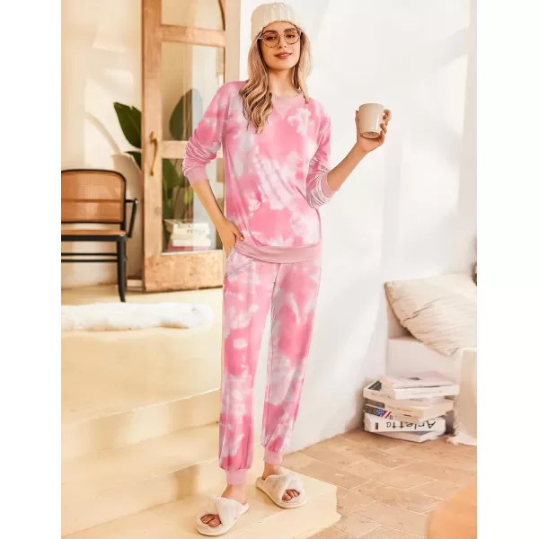 Ekouaer Pajamas Set Long Sleeve Pj Sets 2 Piece Jogger Pajama Sets Soft Sleepwear Loungewear for WomenTie Dye Pink White