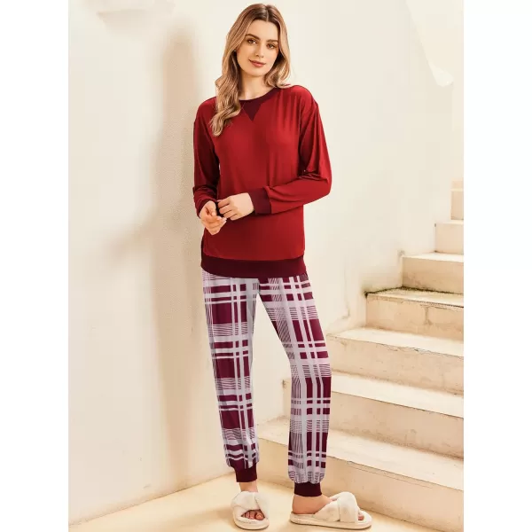 Ekouaer Pajamas Set Long Sleeve Pj Sets 2 Piece Jogger Pajama Sets Soft Sleepwear Loungewear for WomenWine Red Plaid