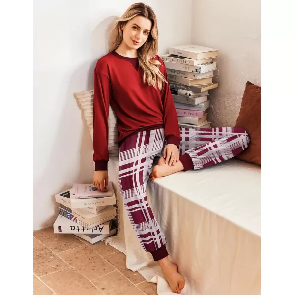 Ekouaer Pajamas Set Long Sleeve Pj Sets 2 Piece Jogger Pajama Sets Soft Sleepwear Loungewear for WomenWine Red Plaid