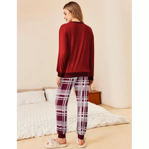 Ekouaer Pajamas Set Long Sleeve Pj Sets 2 Piece Jogger Pajama Sets Soft Sleepwear Loungewear for WomenWine Red Plaid