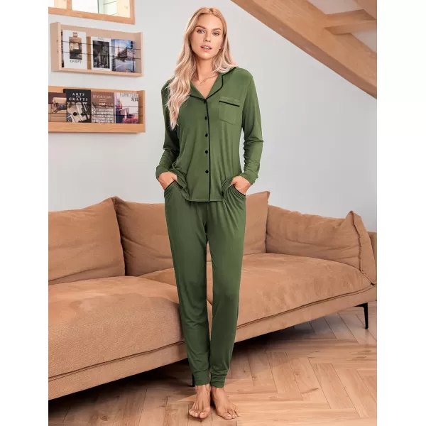 Ekouaer Pajamas Set Long Sleeve Sleepwear Womens Button Down Nightwear Soft Pj Loungewear Sets with PocketsArmy Green