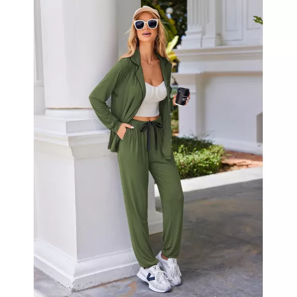 Ekouaer Pajamas Set Long Sleeve Sleepwear Womens Button Down Nightwear Soft Pj Loungewear Sets with PocketsArmy Green