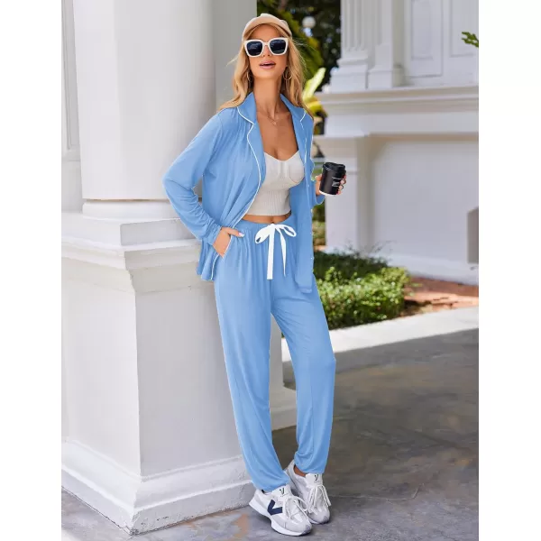 Ekouaer Pajamas Set Long Sleeve Sleepwear Womens Button Down Nightwear Soft Pj Loungewear Sets with PocketsBaby Blue