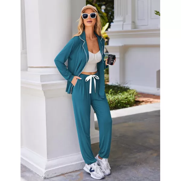 Ekouaer Pajamas Set Long Sleeve Sleepwear Womens Button Down Nightwear Soft Pj Loungewear Sets with PocketsBlue Green