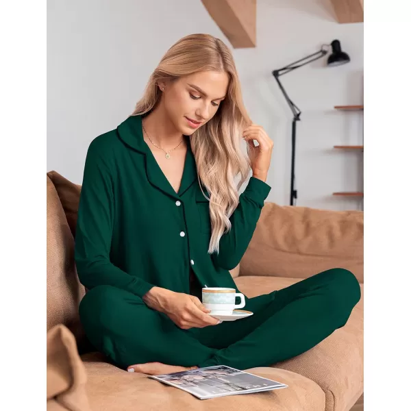 Ekouaer Pajamas Set Long Sleeve Sleepwear Womens Button Down Nightwear Soft Pj Loungewear Sets with PocketsDark Green