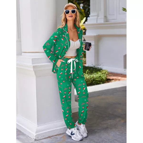 Ekouaer Pajamas Set Long Sleeve Sleepwear Womens Button Down Nightwear Soft Pj Loungewear Sets with PocketsGreen Christmas Print