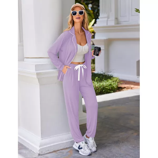 Ekouaer Pajamas Set Long Sleeve Sleepwear Womens Button Down Nightwear Soft Pj Loungewear Sets with PocketsLilac