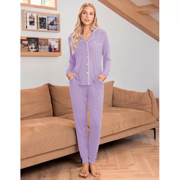 Ekouaer Pajamas Set Long Sleeve Sleepwear Womens Button Down Nightwear Soft Pj Loungewear Sets with PocketsLilac